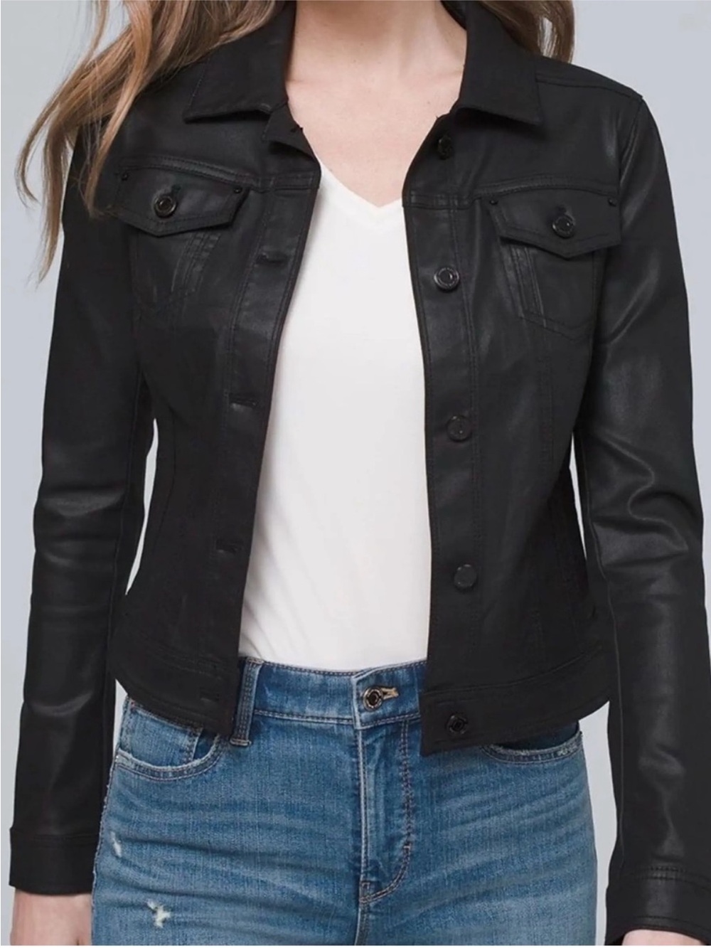 White House Black Market Wax Denim Button-Front Jacket Black Size 14P